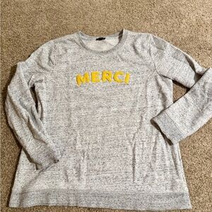 Talbots Women’s “MERCI” Sweater – Size Large – Gray with Yellow Chenille Letters